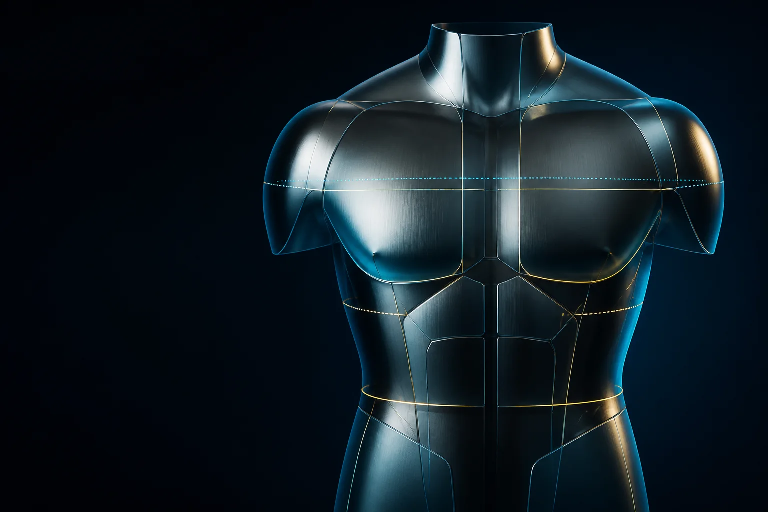 A dark chrome torso shaped by cyan and gold lines
